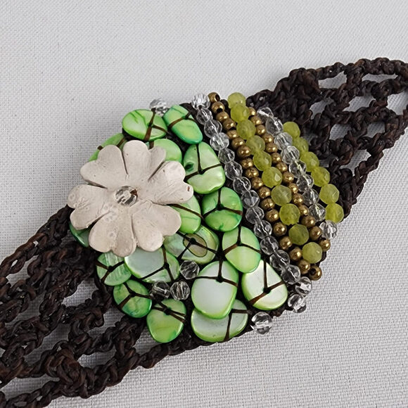 Hand Made Green Beaded Floral Statement Bracelet - Picture 3 of 7